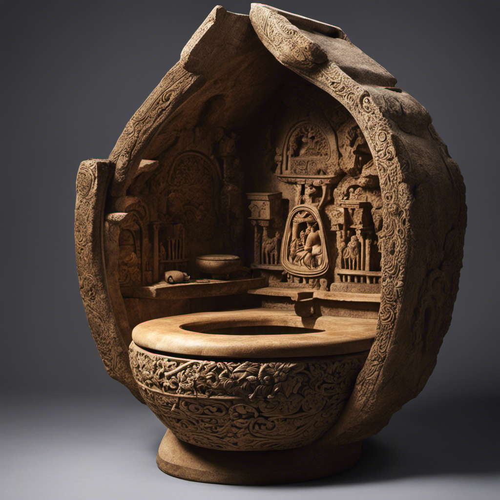 An image showcasing a dimly lit stone chamber with a wooden seat featuring intricate carvings