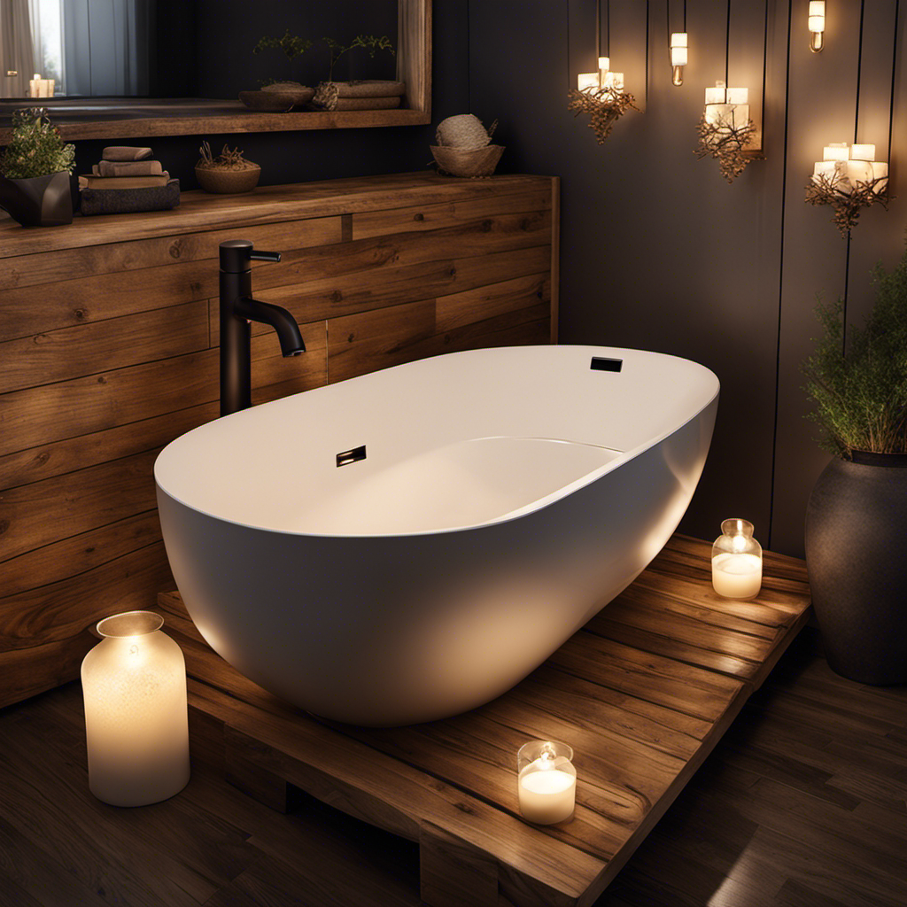 An image showcasing a cozy, rustic bathroom with a wooden seat toilet, adorned with intricate porcelain decorations