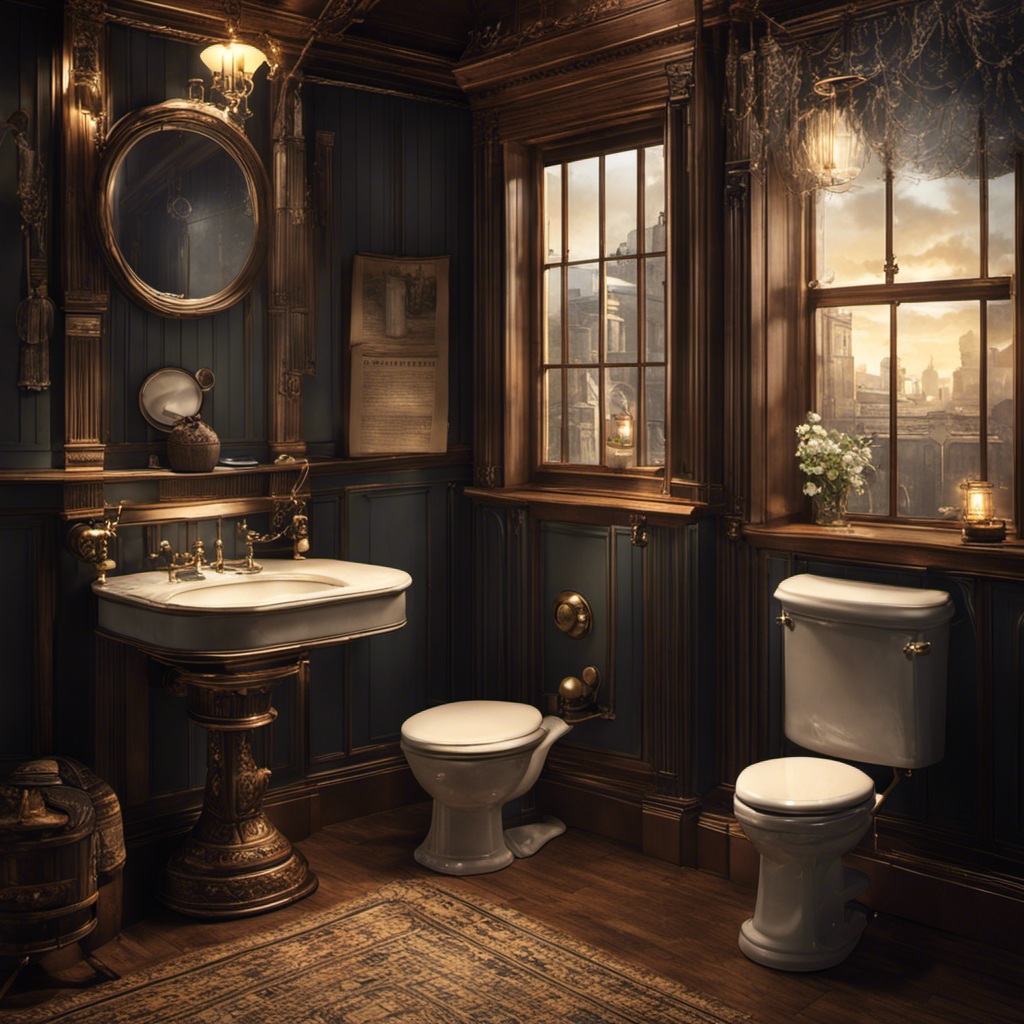 An image depicting a dimly lit, Victorian-era bathroom with porcelain fixtures, a high-tank pull-chain toilet, and a vintage newspaper resting on a small wooden shelf, inviting readers to explore the origins of the modern toilet
