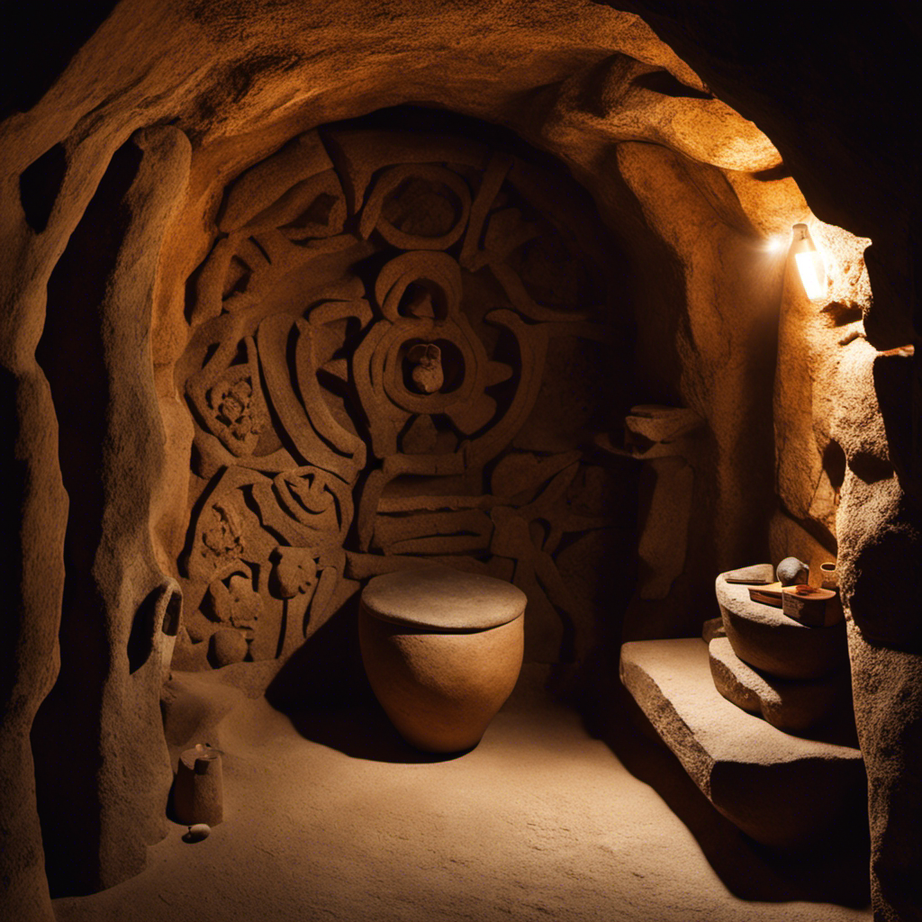 An image of a rustic stone chamber, dimly lit by a single torch, revealing a primitive wooden seat with a small opening, surrounded by intricate carvings and ancient symbols, evoking the mystery of the ancient invention of the toilet