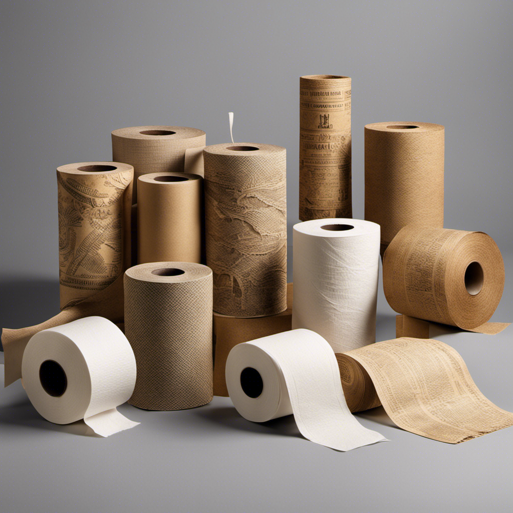 An image depicting the historical evolution of toilet paper, showcasing the transition from ancient civilizations' use of natural materials like leaves to the modern-day roll we are familiar with today