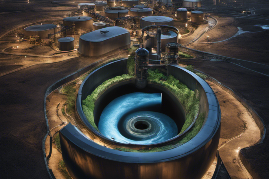 An image showcasing a swirling toilet bowl with water and waste disappearing into a dark, underground pipe system, leading to a distant wastewater treatment plant surrounded by towering industrial structures