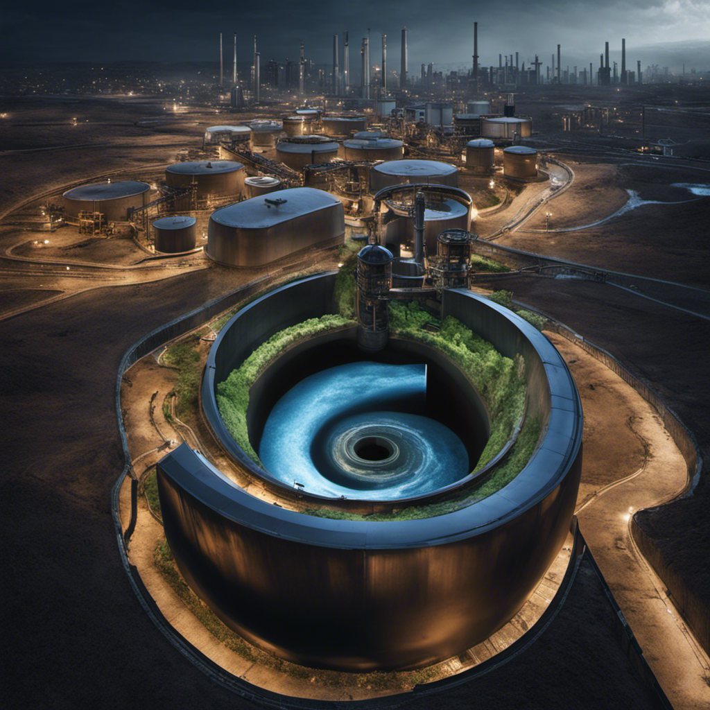 An image showcasing a swirling toilet bowl with water and waste disappearing into a dark, underground pipe system, leading to a distant wastewater treatment plant surrounded by towering industrial structures