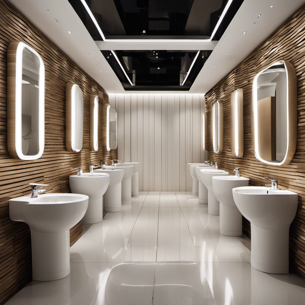 An image showcasing a bathroom showroom, with rows of spotless white toilets lined up, each 19 inches high