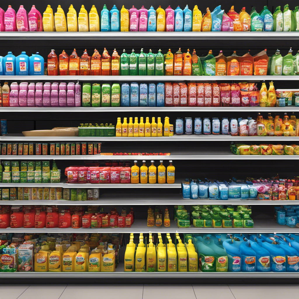 An image showcasing a vibrant supermarket aisle filled with neatly organized shelves, featuring an array of Splash Toilet Cleaner bottles in various sizes and scents