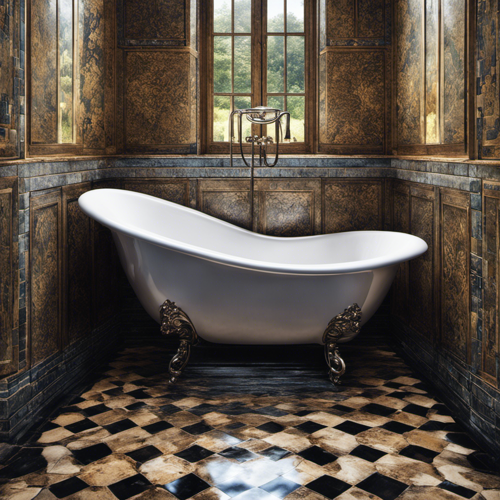 An image showcasing a bathtub slowly filling with water, spilling over the edges and cascading down the tiled walls