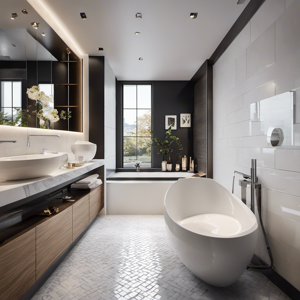 An image showcasing a residential bathroom interior, featuring a flushed toilet