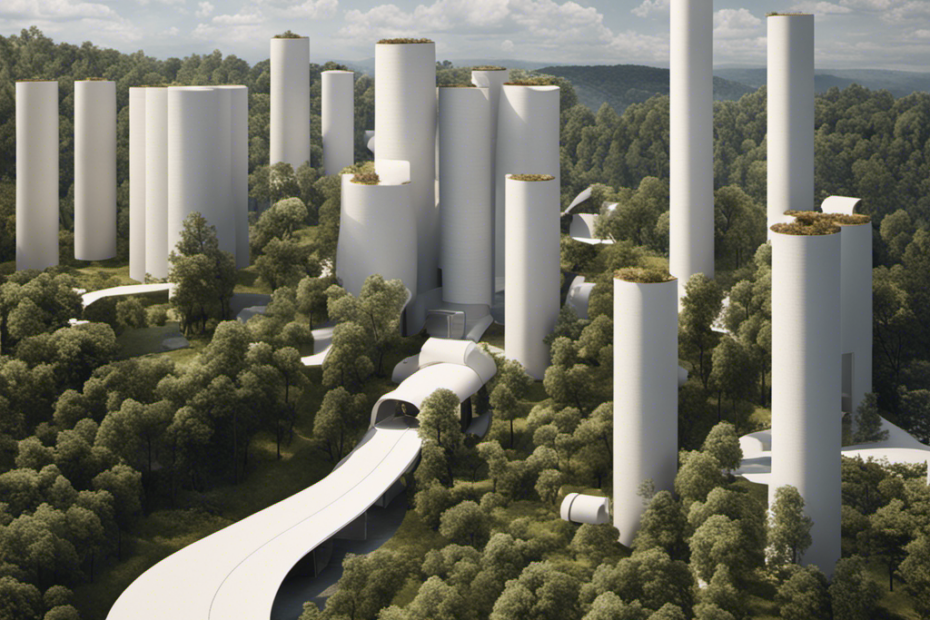 An image capturing the process of toilet paper production, showcasing towering trees being harvested, transformed into pulp, rolled into large industrial machines, and finally emerging as pristine rolls of toilet paper