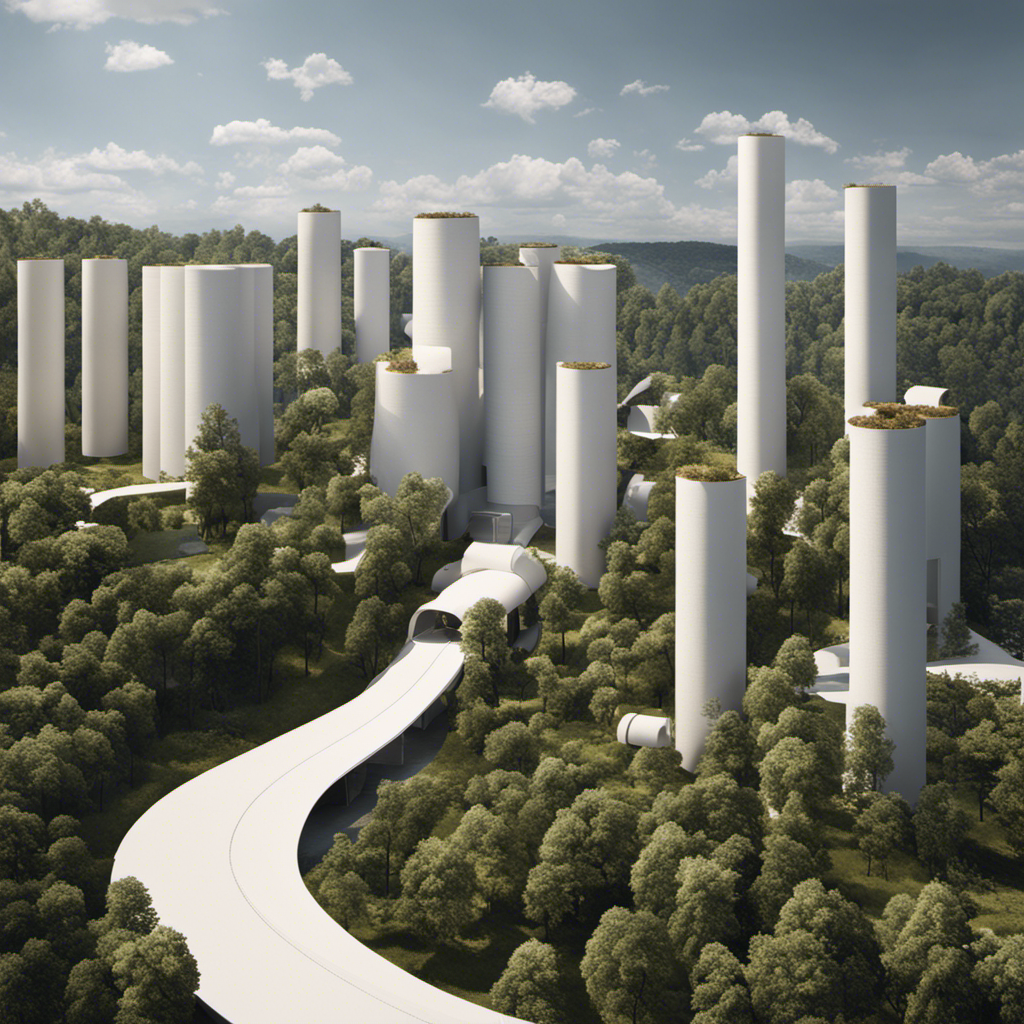 An image capturing the process of toilet paper production, showcasing towering trees being harvested, transformed into pulp, rolled into large industrial machines, and finally emerging as pristine rolls of toilet paper