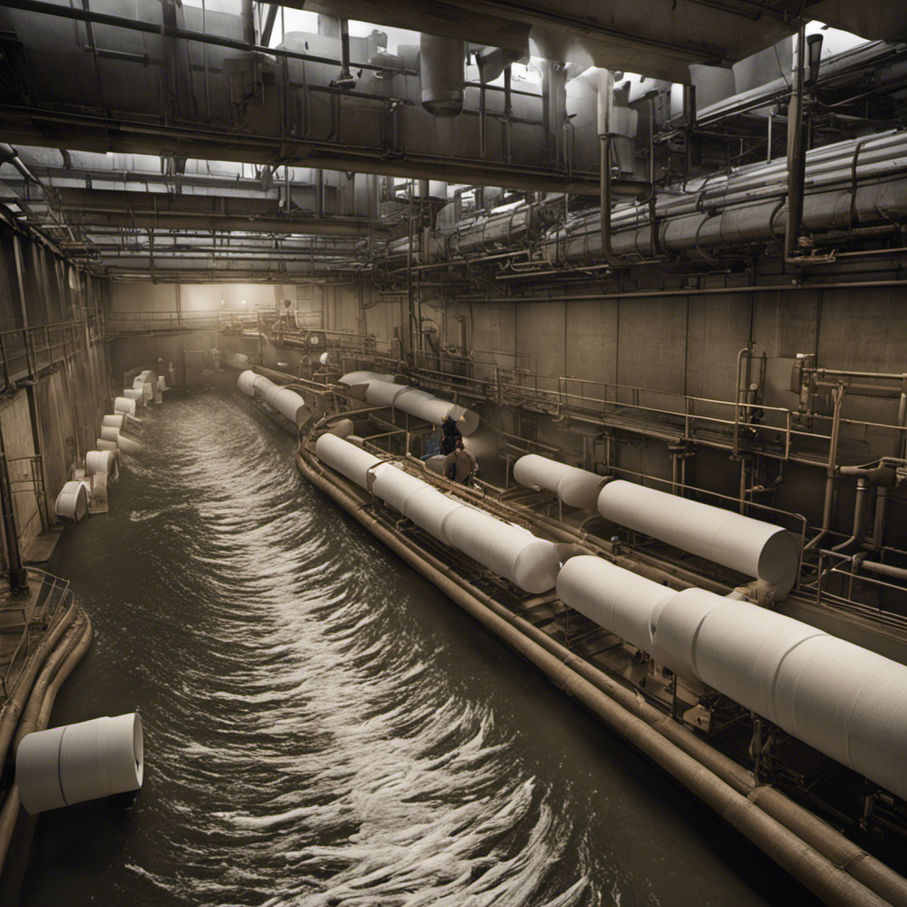 An image depicting a sequence of events: a person using toilet paper, discarding it into a toilet, followed by the paper traveling through pipes, and finally arriving at a wastewater treatment plant