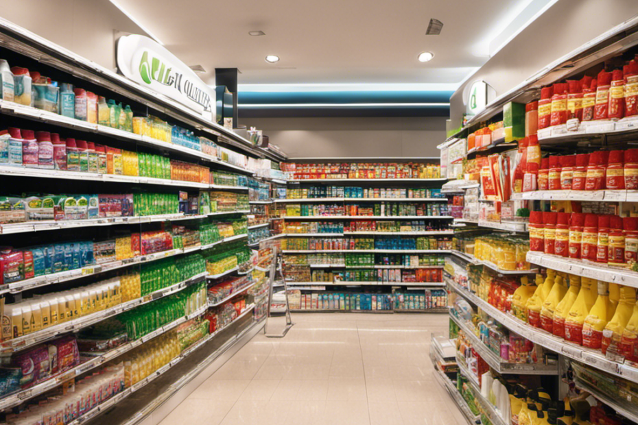 An image showcasing a sparkling bathroom interior with shelves adorned with bottles of Splash Toilet Cleaner, strategically placed in a well-known supermarket chain, alluringly positioned beside other popular cleaning products