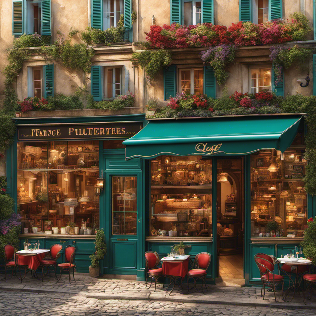 An image depicting a vibrant café scene in France, with a discreet sign featuring a universal symbol for a toilet discreetly tucked away amidst the charming decor, inviting curiosity and exploration