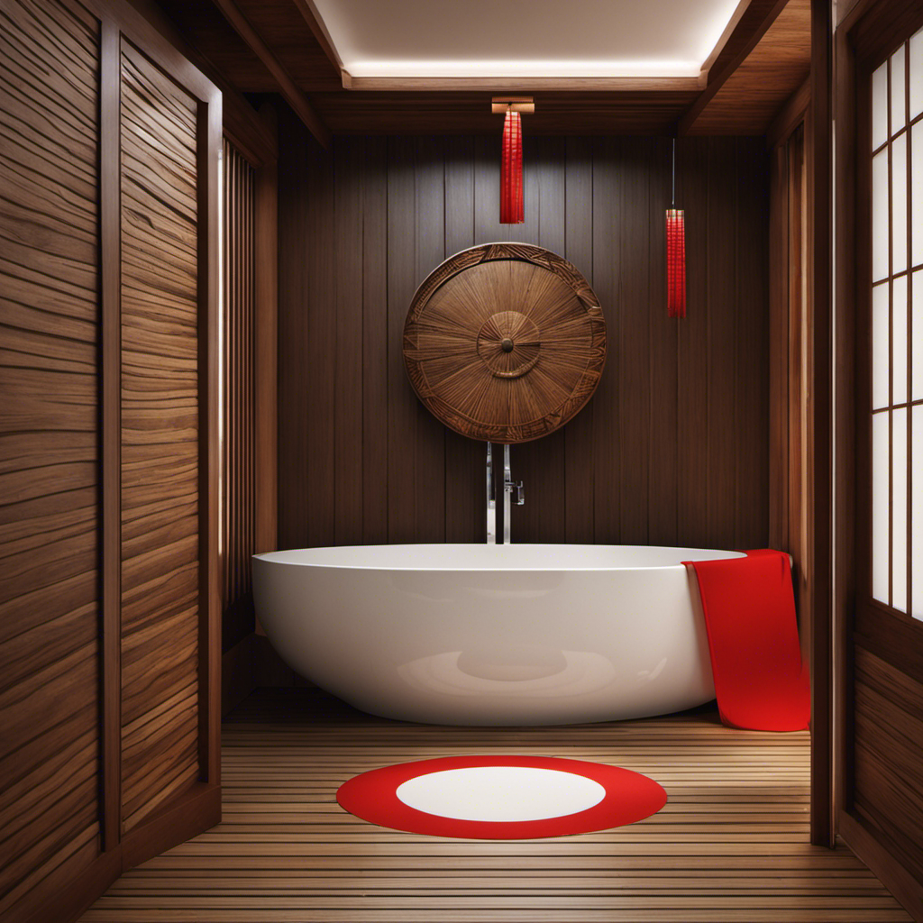 An image that showcases a traditional Japanese bathroom with a distinctive wooden door adorned with a stylized graphic of a white toilet bowl, complete with a red circle indicating its location
