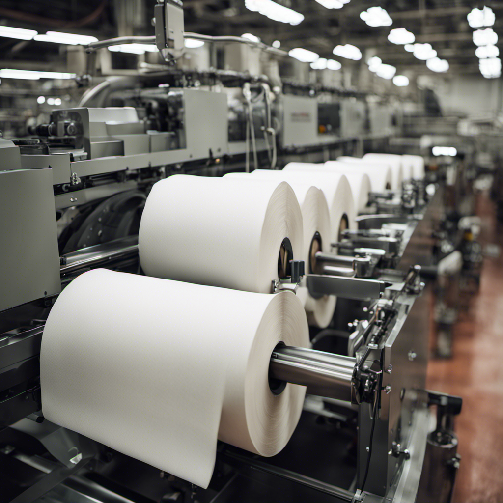 An image that showcases the cutting-edge process of toilet paper manufacturing, capturing the intricate machinery, high-tech automation, and eco-friendly practices employed in the production, without any words or text