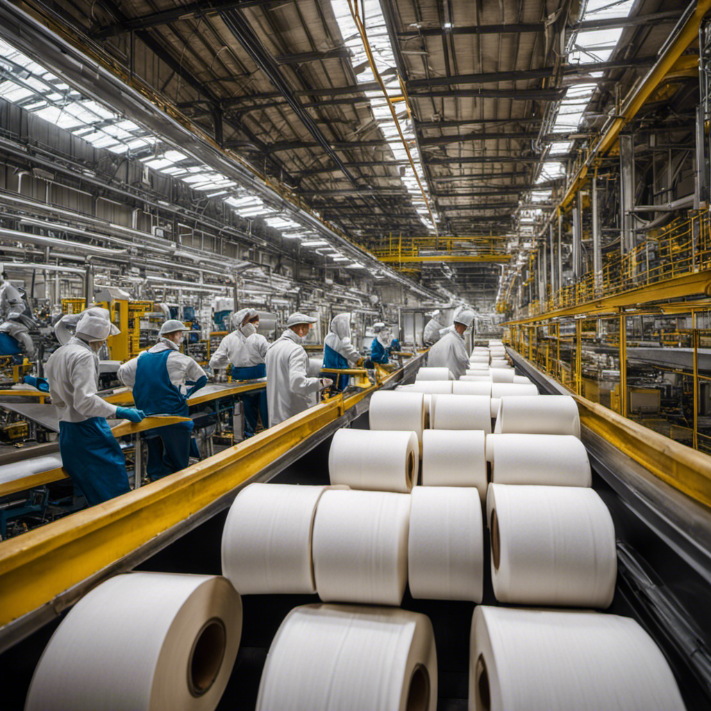 An image showcasing the intricate process of toilet paper production, capturing the challenges and trends within the industry
