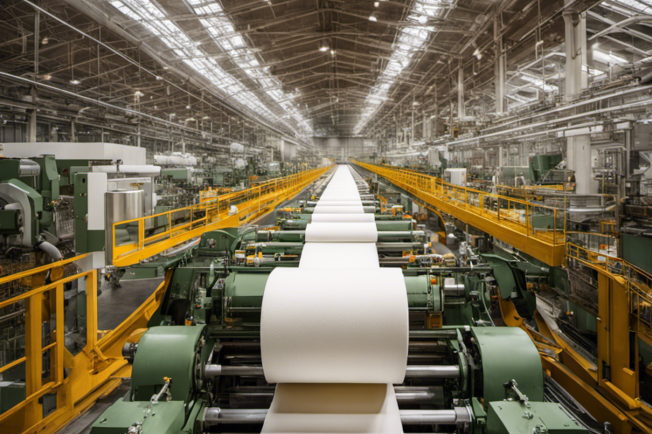 An image capturing the manufacturing process of toilet paper, showcasing towering machines in a spacious factory, churning out rolls of soft, white tissue while workers diligently oversee the production line