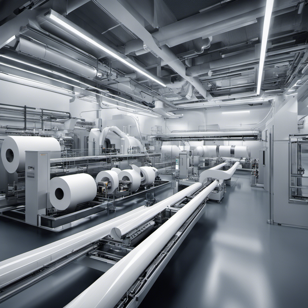 An image depicting a modern, state-of-the-art toilet paper factory with automated machinery, streamlined production lines, and eco-friendly practices