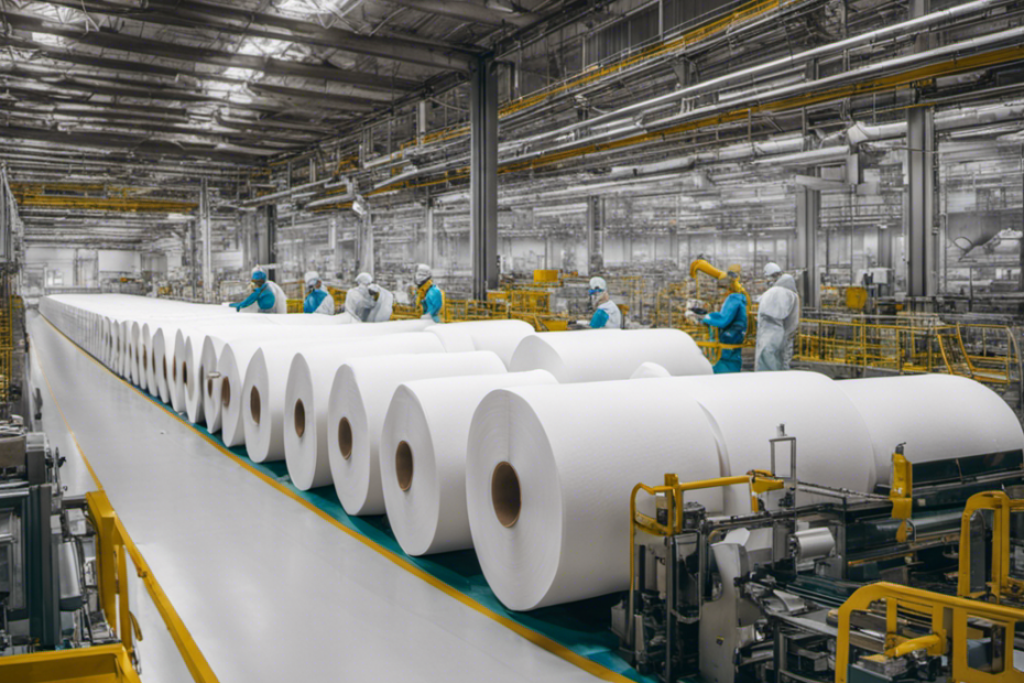 An image showcasing a sprawling factory with massive rolls of fresh, white toilet paper being produced, while workers in protective gear oversee the process