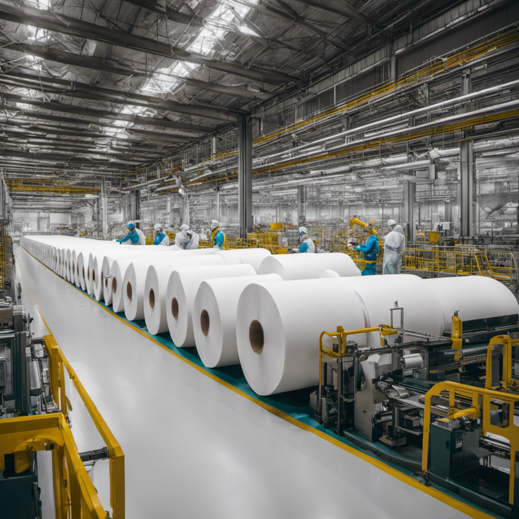 An image showcasing a sprawling factory with massive rolls of fresh, white toilet paper being produced, while workers in protective gear oversee the process