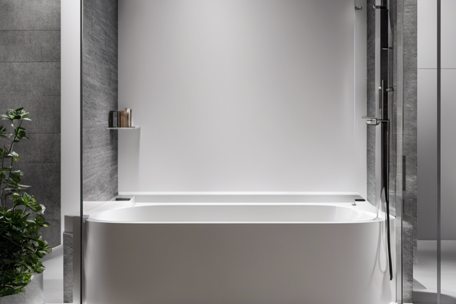 An image showcasing a close-up of a modern bathtub, with two strategically placed grab bars: one mounted vertically on the shower wall near the entrance and another positioned horizontally along the inside wall for optimal safety and support