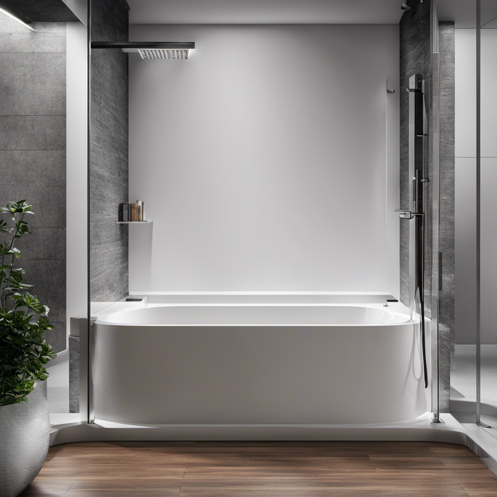 An image showcasing a close-up of a modern bathtub, with two strategically placed grab bars: one mounted vertically on the shower wall near the entrance and another positioned horizontally along the inside wall for optimal safety and support