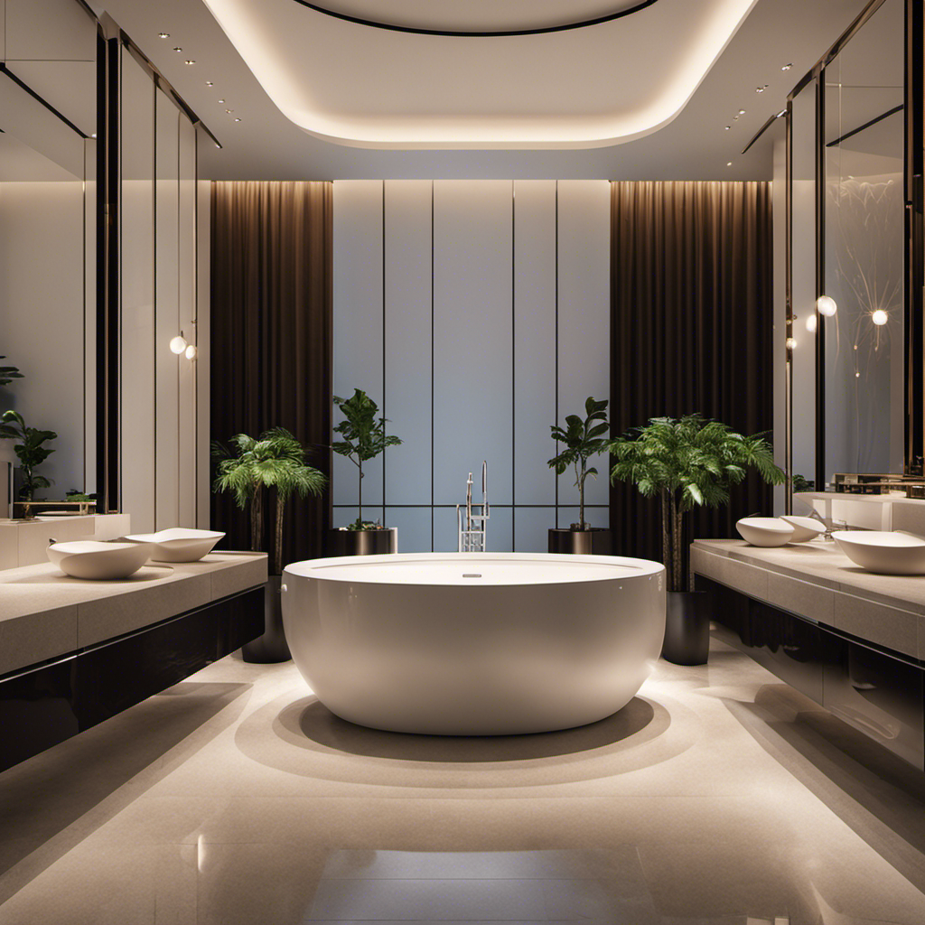 An image showcasing a glossy showroom, with neatly arranged rows of luxurious bathtubs