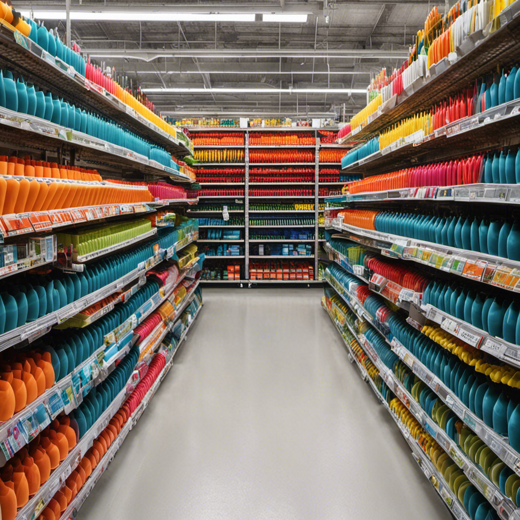 An image that showcases a neatly organized aisle in a hardware store, filled with rows of brightly colored toilet plungers displayed on sturdy shelves, surrounded by other bathroom maintenance tools and supplies