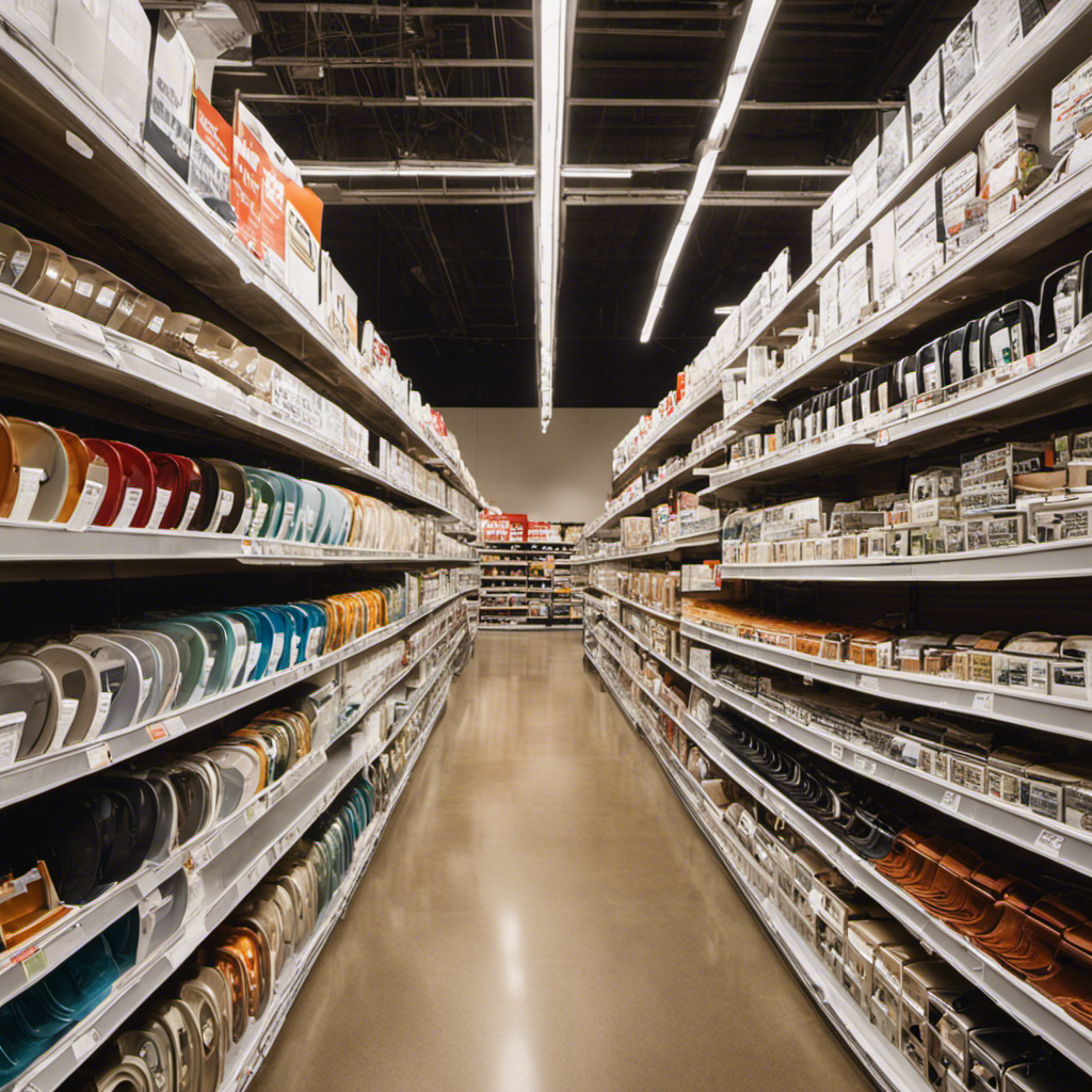An image showcasing a well-organized aisle in a home improvement store, adorned with an array of toilet seats in various shapes, sizes, and designs, offering customers a wide range of options to choose from