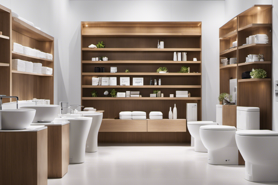 An image capturing a diverse aisle of sleek, modern toilets in a well-lit home improvement store