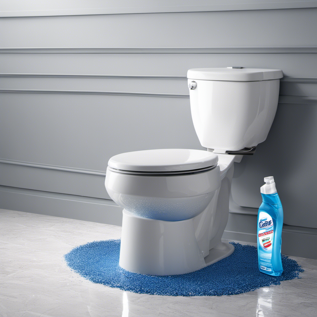 An image showcasing a pristine bathroom with sparkling white tiles, a gleaming porcelain toilet, and a vibrant splash of blue toilet cleaner swirling down the bowl, highlighting the effectiveness of Splash Toilet Cleaner