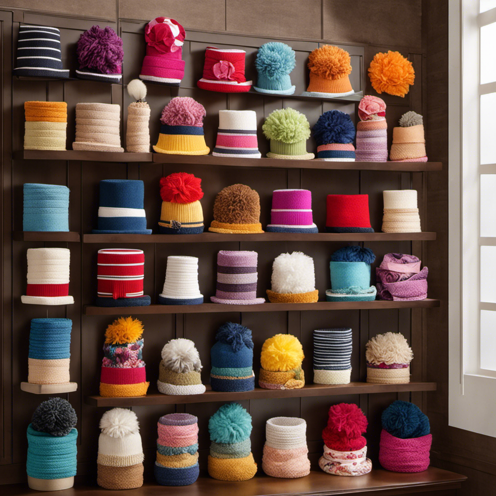 An image depicting a bathroom shelf adorned with an array of colorful, high-quality toilet hats, neatly arranged in various sizes and patterns, inviting readers to explore the best places to purchase this unique bathroom accessory