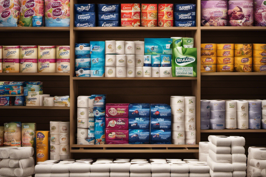 An image showcasing a variety of toilet paper brands neatly arranged on shelves, surrounded by an online shopping interface on a laptop screen