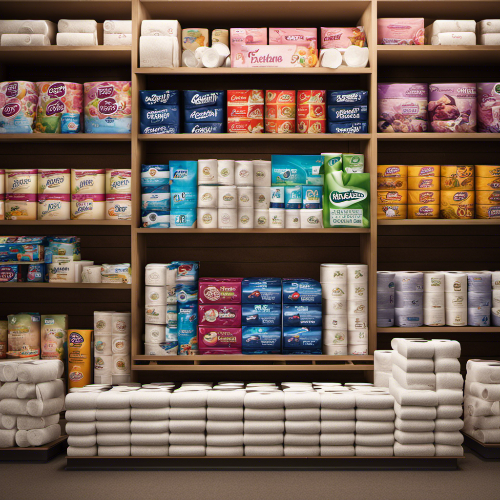 An image showcasing a variety of toilet paper brands neatly arranged on shelves, surrounded by an online shopping interface on a laptop screen