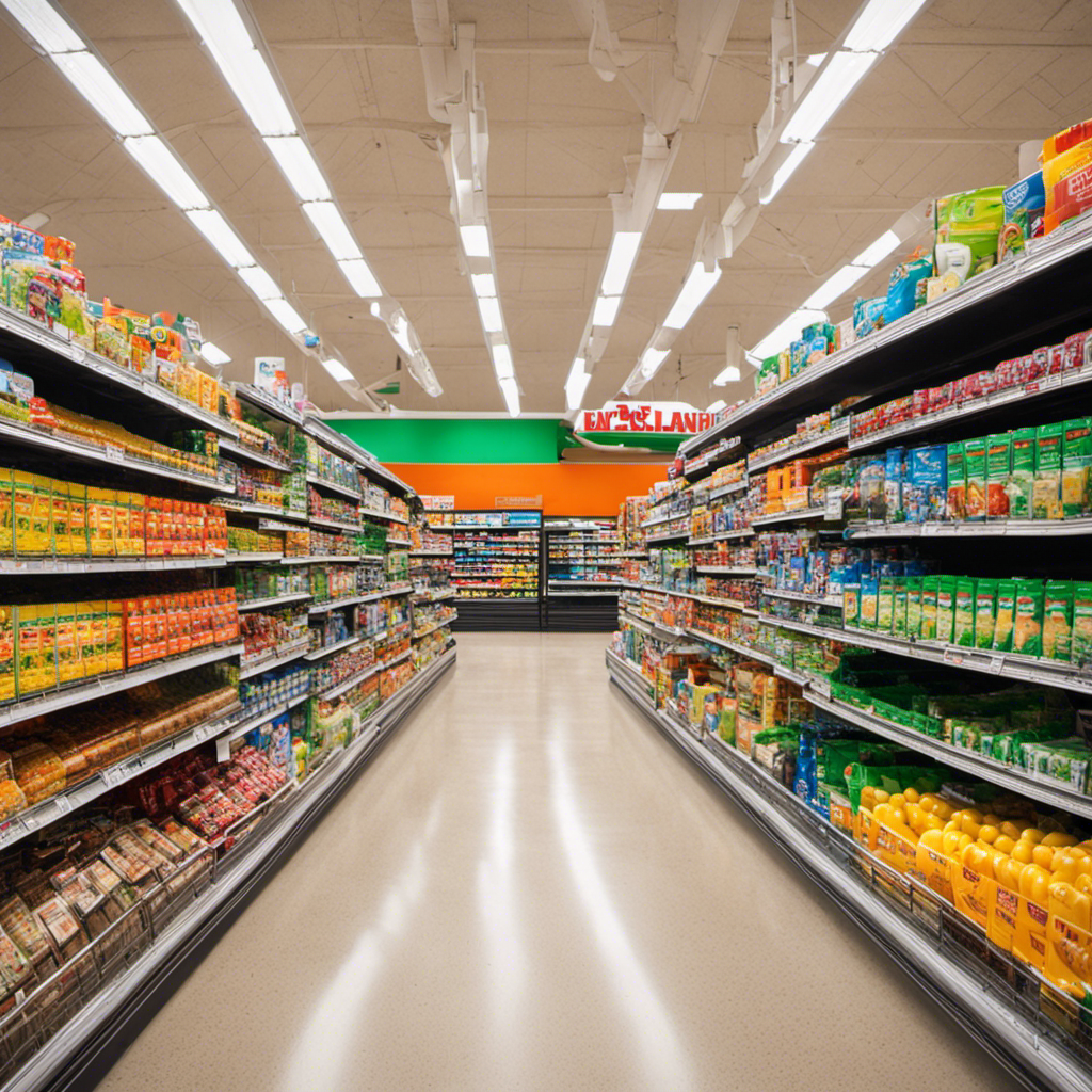 An image showcasing a bustling local grocery store aisle, filled with neatly stacked shelves brimming with various brands and sizes of toilet paper
