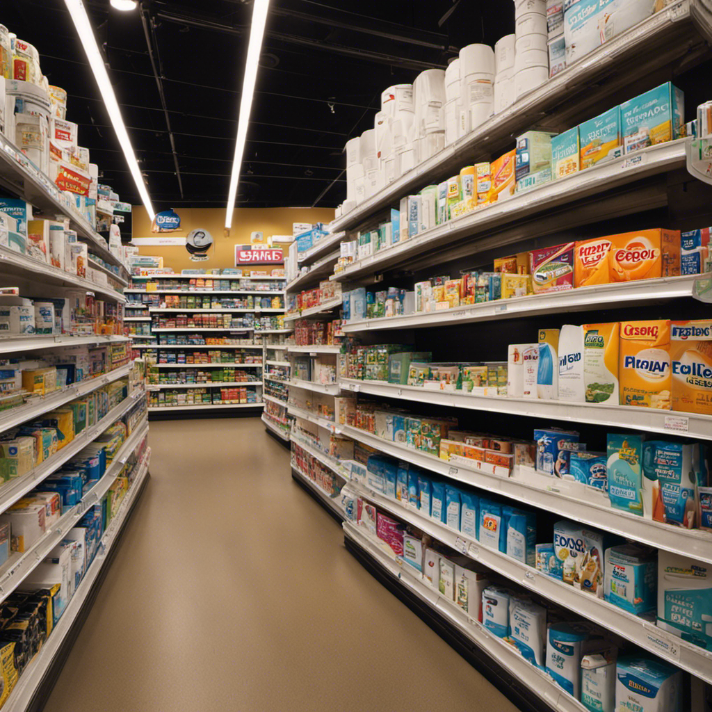 An image showcasing a well-stocked aisle in a drugstore or pharmacy, filled with neatly organized shelves displaying various brands and sizes of toilet paper, inviting readers to discover the best places to buy this essential product