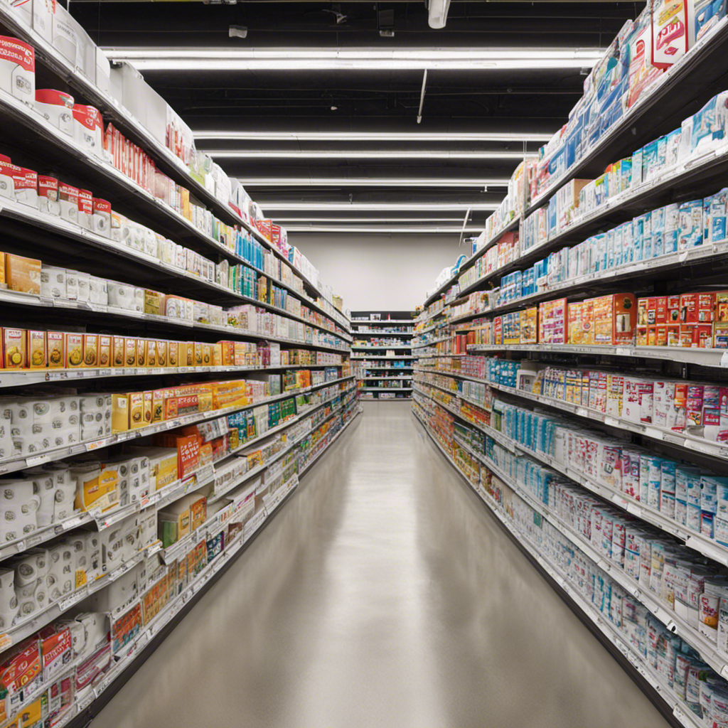 An image showcasing a neatly stacked aisle in an office supply store, featuring a variety of toilet paper brands displayed on shelves