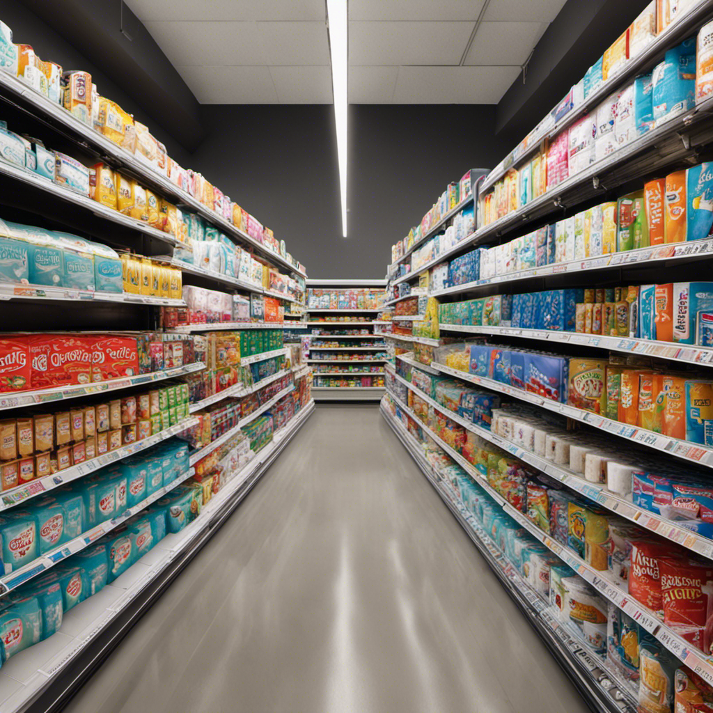 An image showcasing a well-stocked convenience store aisle filled with a wide variety of toilet paper brands, neatly organized on shelves