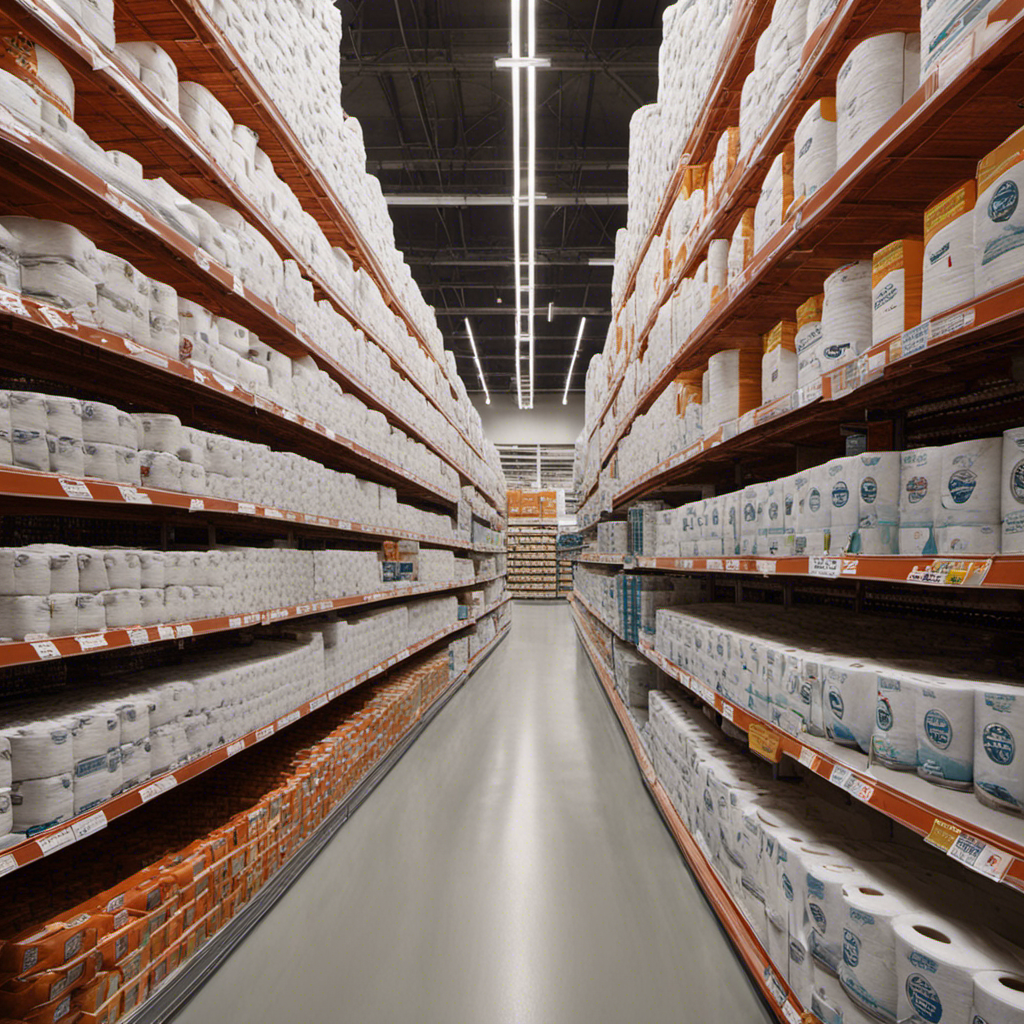 An image showcasing the abundant aisle of toilet paper at a bustling wholesale club, with towering stacks of various brands and sizes, creating a sense of convenience and value