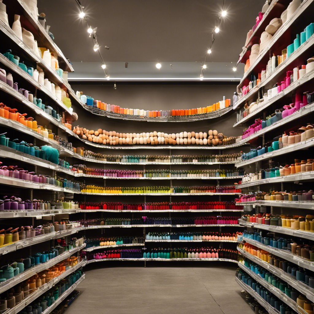 An image showcasing a bathroom aisle in a well-stocked hardware store, displaying a variety of toilet plungers in different colors and sizes, neatly organized on shelves with clear price tags