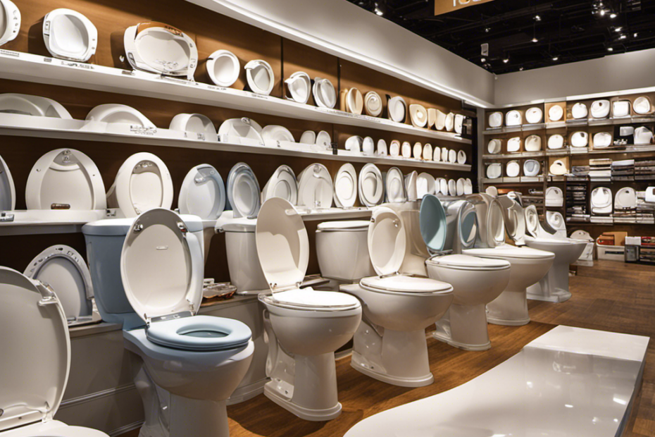 An image that showcases a variety of toilet seats on display at a well-lit home improvement store, with various shapes, colors, and materials, inviting readers to explore the options available when purchasing a new toilet seat