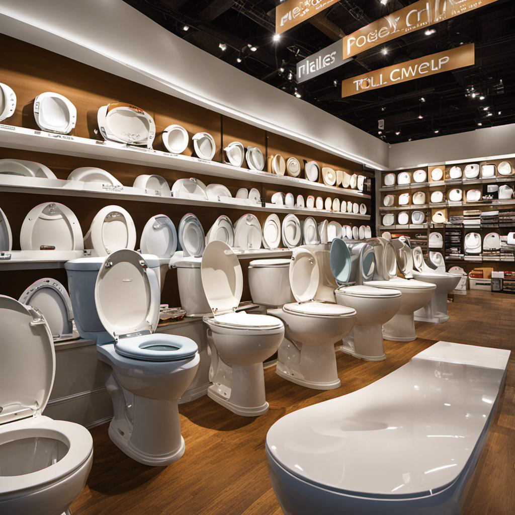 An image that showcases a variety of toilet seats on display at a well-lit home improvement store, with various shapes, colors, and materials, inviting readers to explore the options available when purchasing a new toilet seat