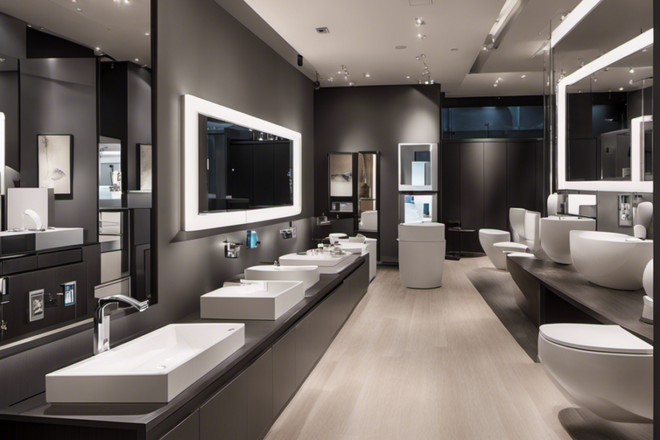 An image showcasing a spacious, well-lit bathroom showroom, featuring an extensive selection of sleek, modern toilets