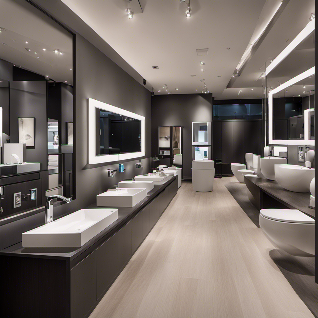 An image showcasing a spacious, well-lit bathroom showroom, featuring an extensive selection of sleek, modern toilets