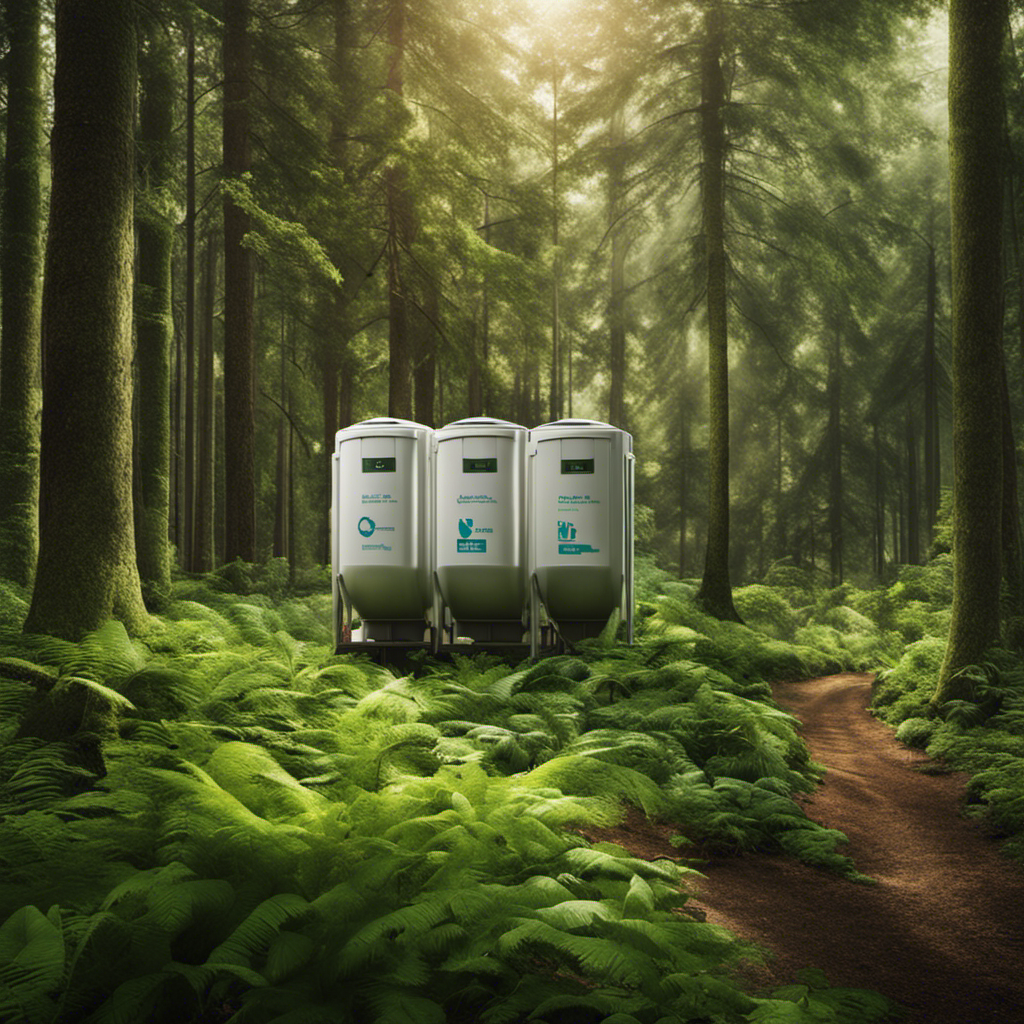 An image capturing a serene forest clearing, with a clearly marked recycling center in the foreground