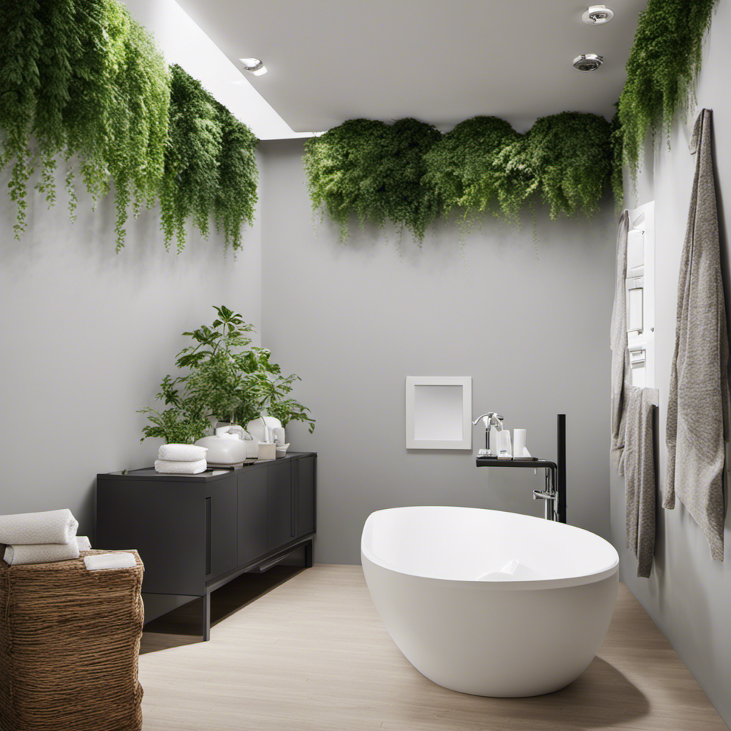An image showcasing a serene, eco-friendly bathroom scene