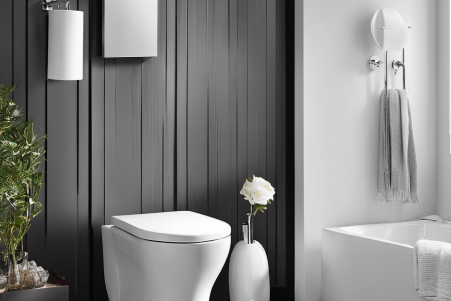 An image showcasing a spacious bathroom with a sleek, chrome toilet paper holder conveniently placed on the wall beside the toilet, ensuring easy access and a clutter-free environment