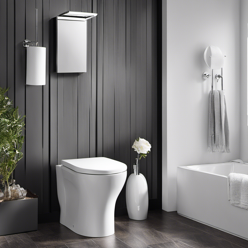 An image showcasing a spacious bathroom with a sleek, chrome toilet paper holder conveniently placed on the wall beside the toilet, ensuring easy access and a clutter-free environment