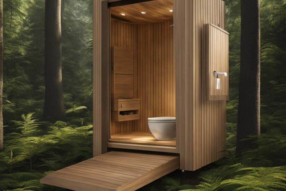 An image showcasing a serene forest scene, with a discreet and camouflaged composting toilet nestled among the tall trees, providing a practical solution for nature's call in the absence of conventional facilities