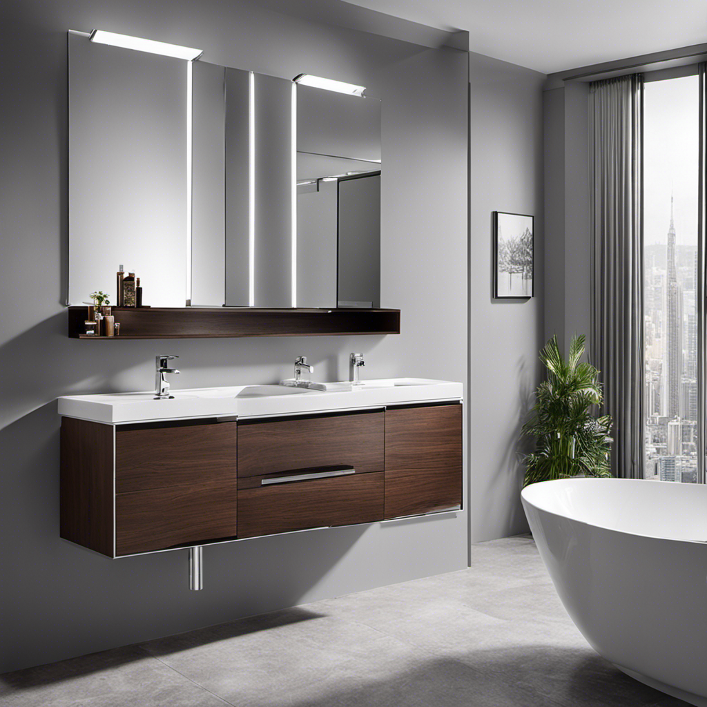 An image depicting a modern bathroom with a toilet paper holder cleverly mounted on the side of a vanity cabinet, showcasing the convenience and elegance of this alternative location