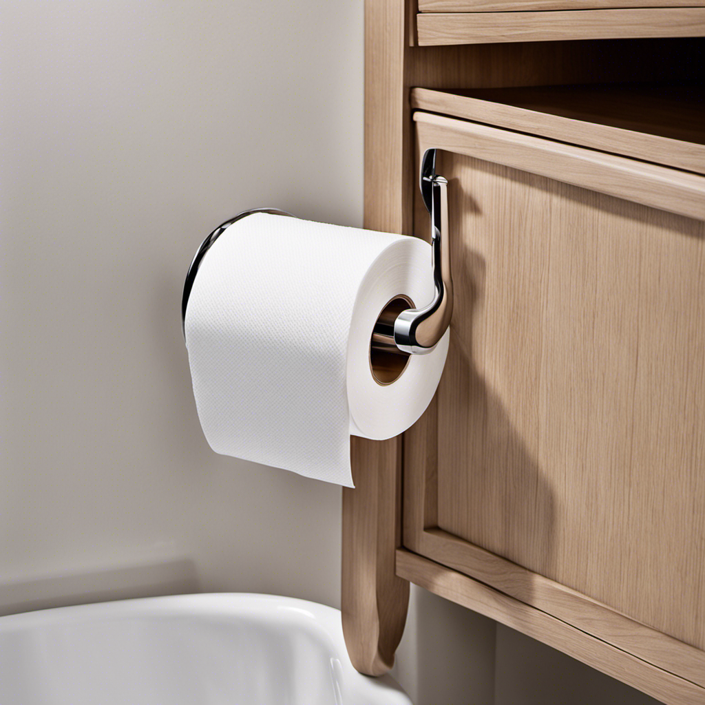 An image showcasing a toilet paper holder cleverly mounted on the side of a bathroom cabinet, optimizing space and providing easy access